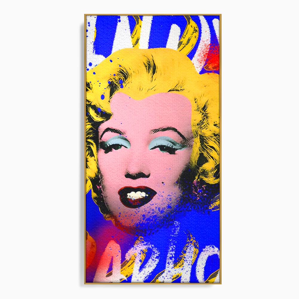 Tablou canvas cu tablou canvas cu portretul stilizat al lui marilyn monroe, in rama de aluminiu auriu